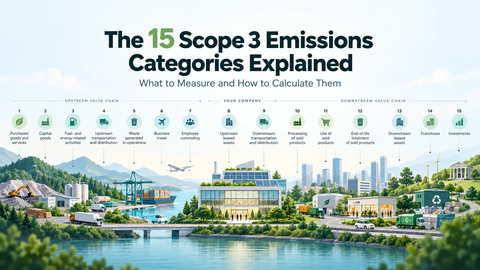 The 15 Scope 3 emissions categories laid out along a value chain, from purchased goods and services upstream to investments downstream