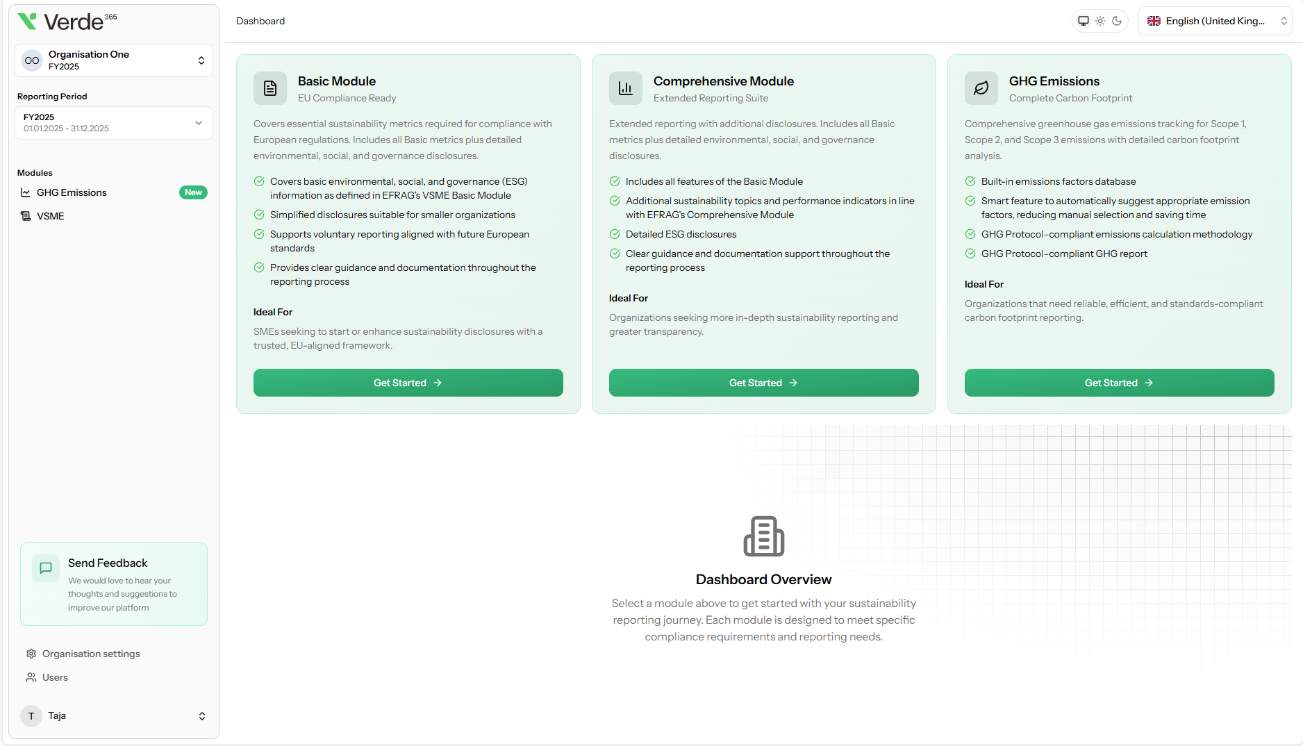 Verde365 dashboard showing VSME reporting modules and carbon footprint overview