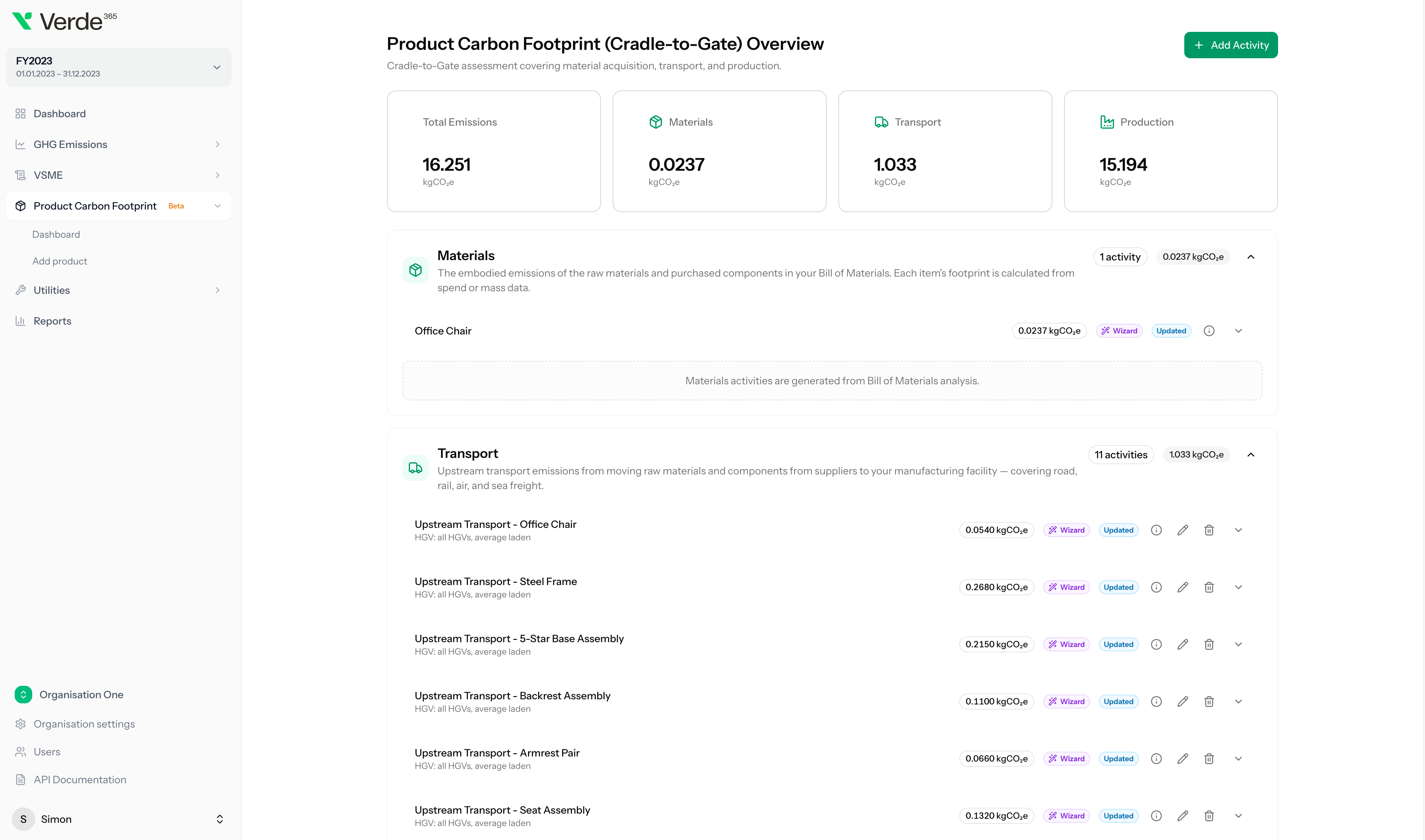 Verde365 Product Carbon Footprint workspace showing BOM-to-PCF calculation